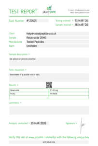 Retatrutide Peptide – 20mg High-purity peptide supplied in a 20mg sterile lyophilized vial, intended for laboratory research purposes only/ not for human consumption Specifications: Contents: 20mg Retatrutide Form: Lyophilized powder Purity: >99% (HPLC Verified) Storage: Store between 2°C and 8°C